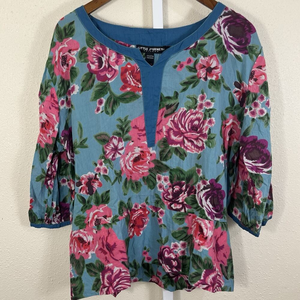 Little Journeys Floral Peasant Blouse Womens L Cottagecore Boho Art Teacher